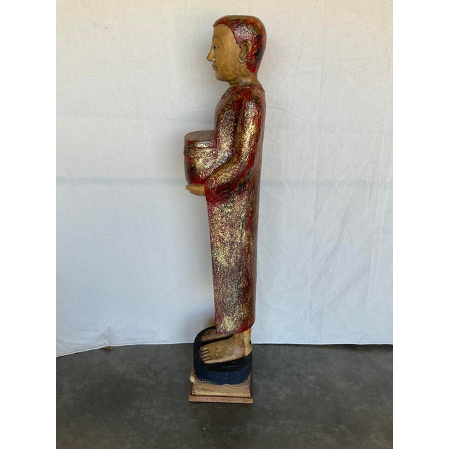 Vintage Buddha Buddhist Carved Wood Burmese Thai Monk Statue For Sale - Image 11 of 11
