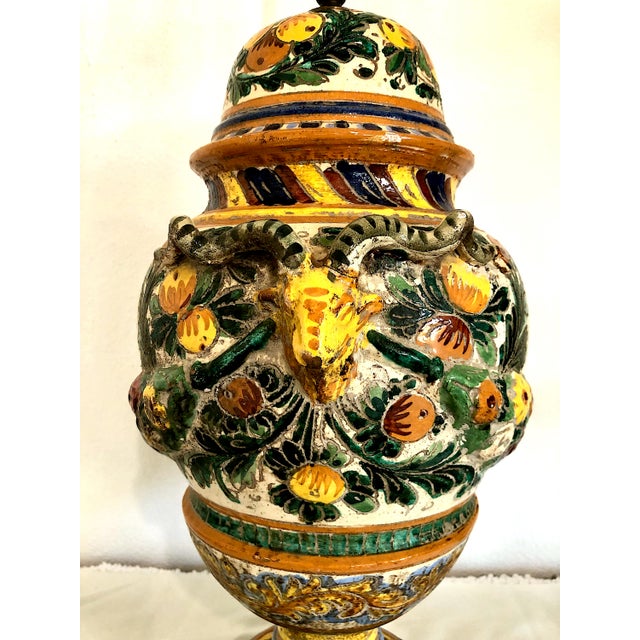 Wood Vintage Italian Majolica Lamp With Rams' Heads Handles For Sale - Image 7 of 9