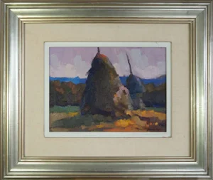 Joan Condins, Twilight Haystacks, Oil Painting, Framed