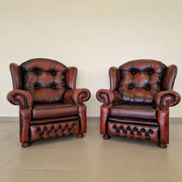 Maroon Chesterfield Leather Living Room Set, 1970s, Set of 4 For Sale - Image 8 of 18