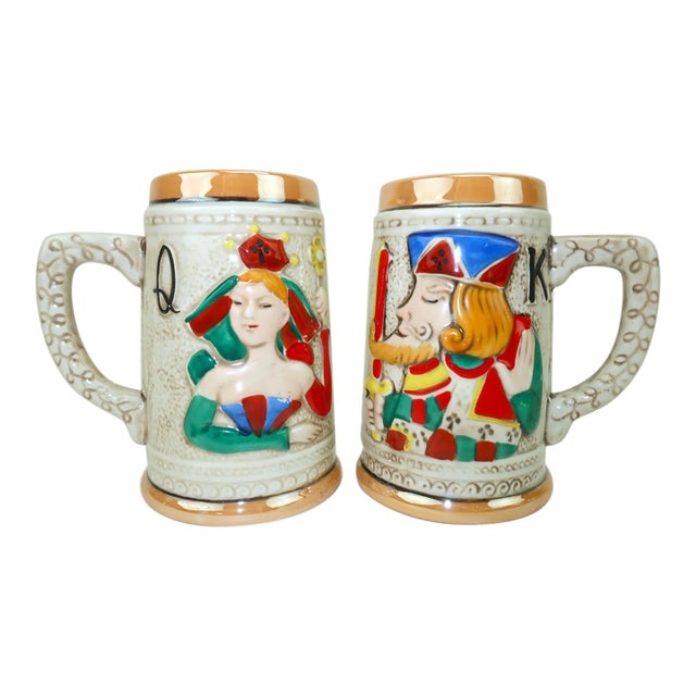 Lustreware King & Queen Playing Card Beer Steins Novelty Barware, a Pair For Sale