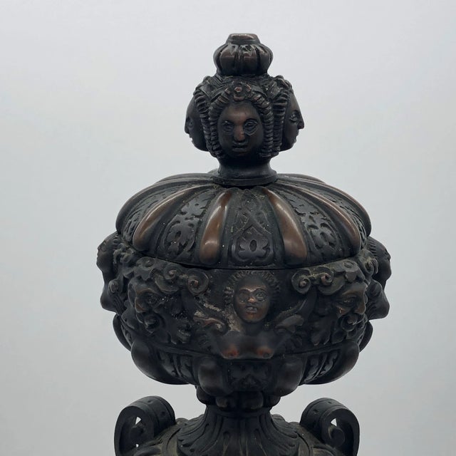 Gothic Antique Pair of Large Ornate Bronze Figural Chenet Andirons For Sale - Image 3 of 12