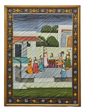 Indian Silk Painting of Krishna and the Ghopis