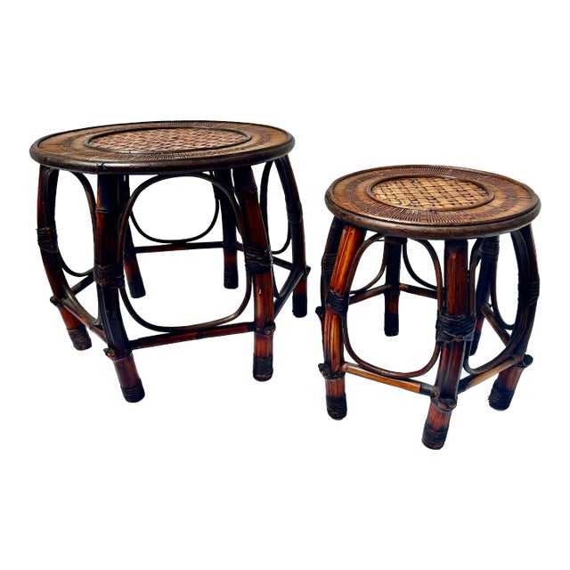 1970s Burnt Bamboo and Rattan 6-Leg Nesting Tables by Turtle and Crane - Styled After Gabriella Crespi - A Pair For Sale