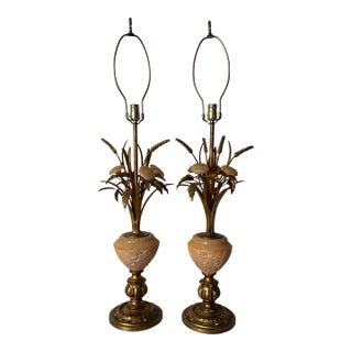 Italian Hollywood Regency Carved Marble Sheaf-of-Wheat Table Lamps – A Pair For Sale