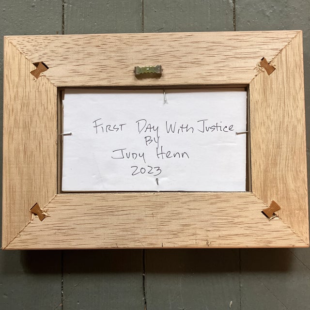 Abstract Contemporary Original Judy Henn Abstract Ink Drawing/Collage “First Day With Justice “ Framed For Sale - Image 3 of 3