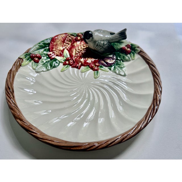 1993 Fitz and Floyd "Winter Fruit" collection Glazed Pottery Canape Plate with Chickadee. Featuring a rimmed, smoothly...