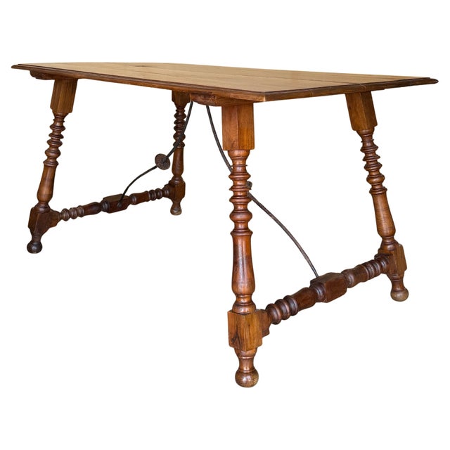 19th Spanish Sturdy Side Table with Carved Turned Legs and Double Stretcher For Sale - Image 15 of 18