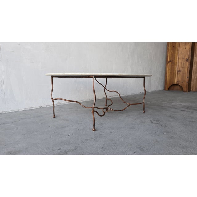 Oval Travertine Coffee Table With Hand-Forged Iron Base For Sale In Las Vegas - Image 6 of 11