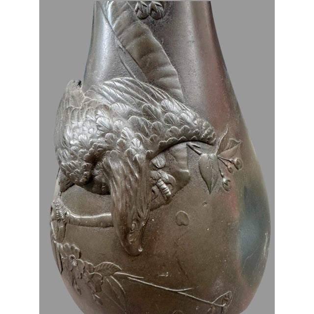 Early 20th Century 17" Antique Oriental Bronze Vase With Embossed Eagle on Branch For Sale - Image 5 of 11