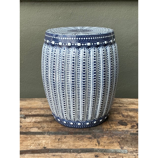 Blue Vintage Polka Dot Glazed Ceramic Low Stool For Sale - Image 8 of 12