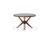 This table features four oak legs, supporting a round top with encased black glass and a brass edge.