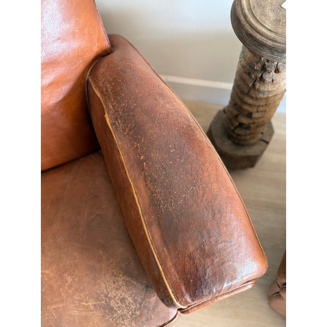 Pair of Two Vintage Oversized French Leather Club Chairs For Sale - Image 4 of 18