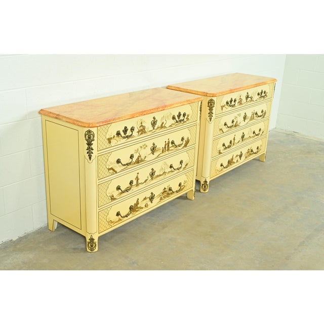 Baker Furniture Company Baker Furniture Style French Regency Louis XVI Chinoiserie Cream Lacquered Dresser Chests, Pair For Sale - Image 4 of 11