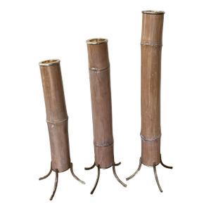 Set of 3 Bamboo Pole and Silver Floor Candle Stands