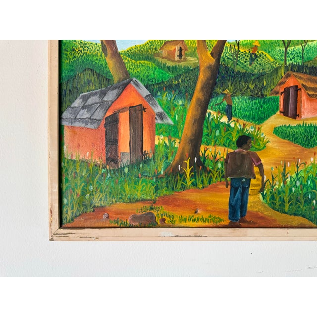 1970s Vintage Haitian Folk Art Landscape Oil Painting by F. Faramon For Sale In Miami - Image 6 of 12