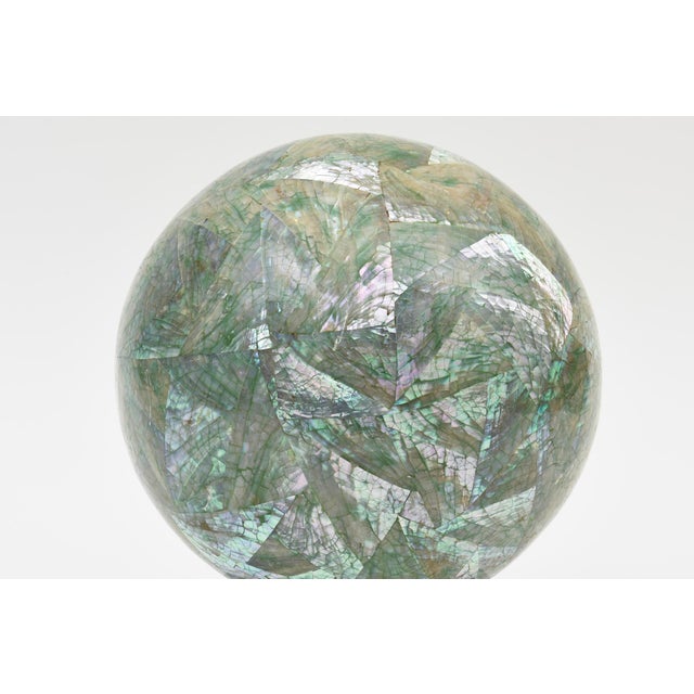 1970s Vintage Mother of Pearl Over Wood Sphere Orb Sculpture on Lucite Base, 1970's For Sale - Image 5 of 10