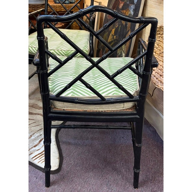 Black Mid Century Chinese Chippendale Chairs With Quadrille Fabric Cushions, a Pair For Sale - Image 8 of 11