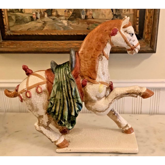 Asian Chinese Large Tany Sancai Style Crackle Glazed War Horse Statue, 17" For Sale - Image 3 of 11