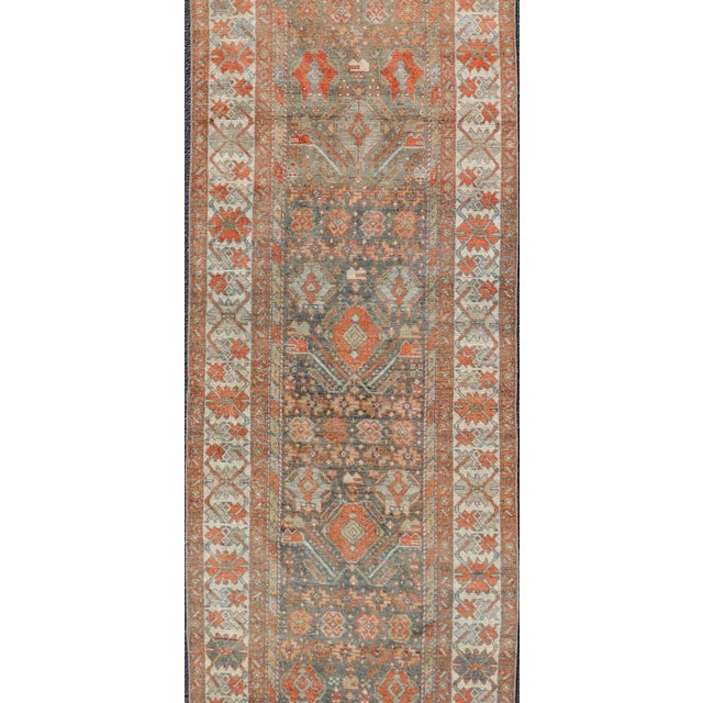 Fine Antique Persian Malayer Runner in Soft Tones of Blue and Orange 2'10 X 13'8 For Sale - Image 9 of 11