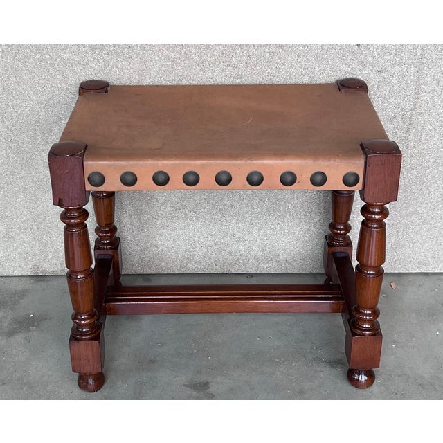 Spanish Pair of Foot Stools in Walnut and Leather Seat With Tacks For Sale - Image 3 of 9