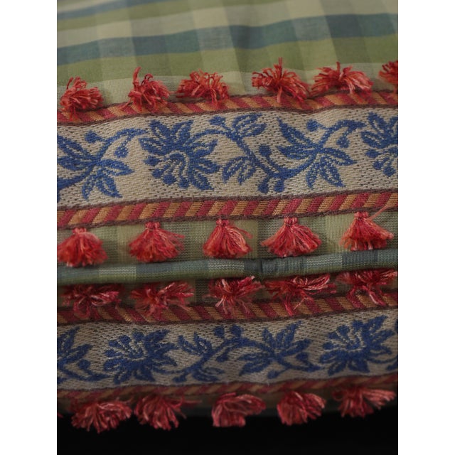 Traditional Pair of Square Throw Pillows W. Striped Floral Fabric & Fringe For Sale - Image 3 of 6