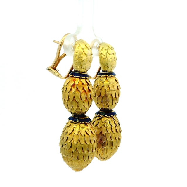 Gold 1960s 14k Yellow Gold & Blue Enamel Textured Drop Earrings, A Pair For Sale - Image 8 of 13
