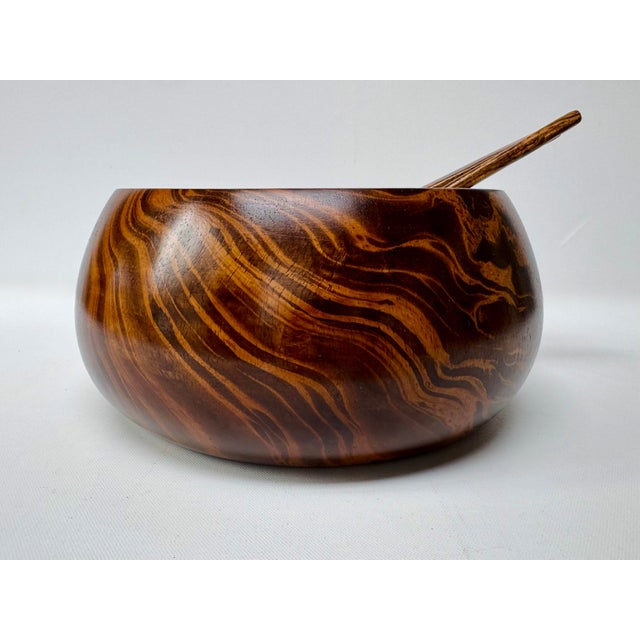 Vintage Hand-Turned Exotic Wood Salad Bowl With Servers - 3 pcs For Sale - Image 4 of 13