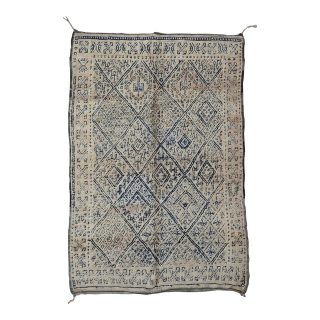 Vintage Beni Mguild Ivory and Blue Rug - 10.3 X 6.4 Ft For Sale