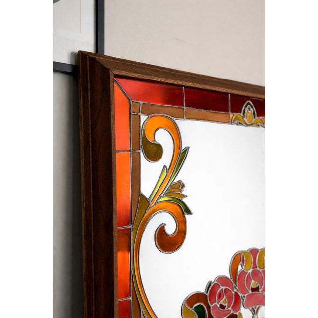 Mid 20th Century Vintage Artglas Reverse Painted Mirror — Art Nouveau Floral Panel, Hollywood Regency Statement, 1970s For Sale - Image 5 of 12