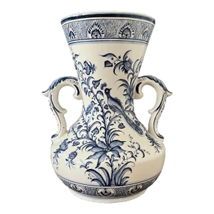1980s Portugal Blue & White Hand Painted Handled Vase