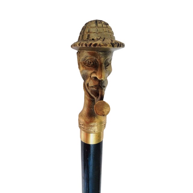 Traditional Antique Black Wooden Folding Walking Stick Cane With Sherlock Holmes Head Handle For Sale - Image 3 of 7