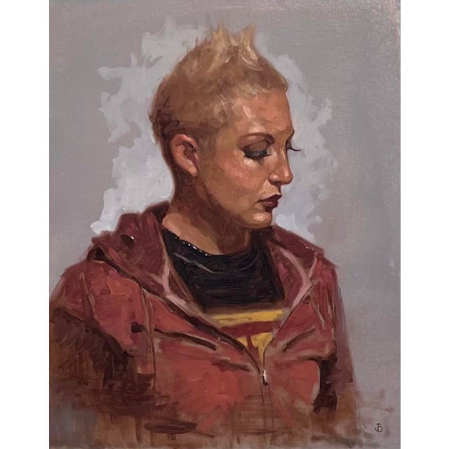 Untitled by Brian Busch | Oil on panel Portrait of a woman with short hair in a hoodie. For Sale