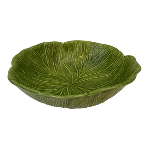 1970s Vintage Green Cabbage Leaf Footed Serving Bowl Handmade Signed