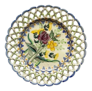 Round Decorative Ceramic Maroon Blue and Yellow Floral Motif Dish - Portugal