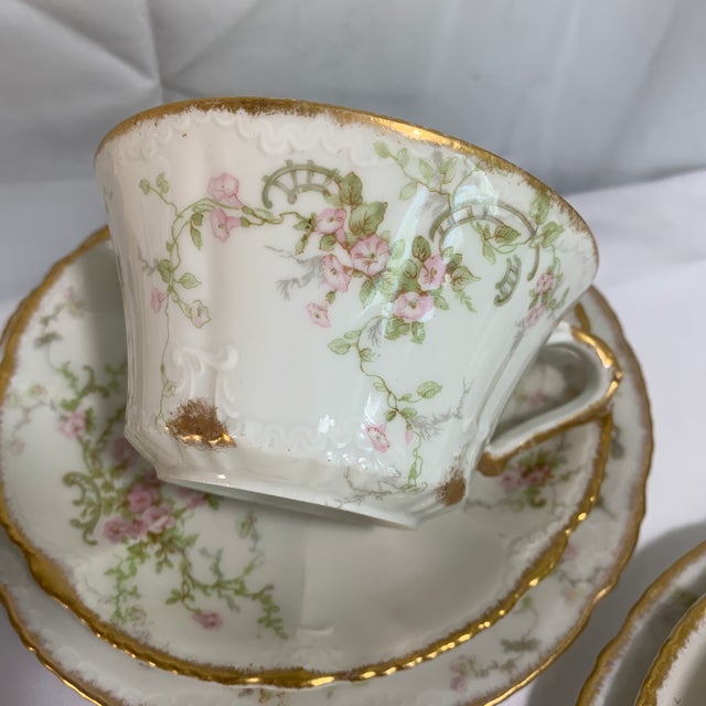 Mid 20th Century Theodore Haviland French Limoges Tea Cup Setting W/ Saucers and Small Plates, Delicate Sprays of Pink Flowers - Service for 4 For Sale - Image 11 of 11