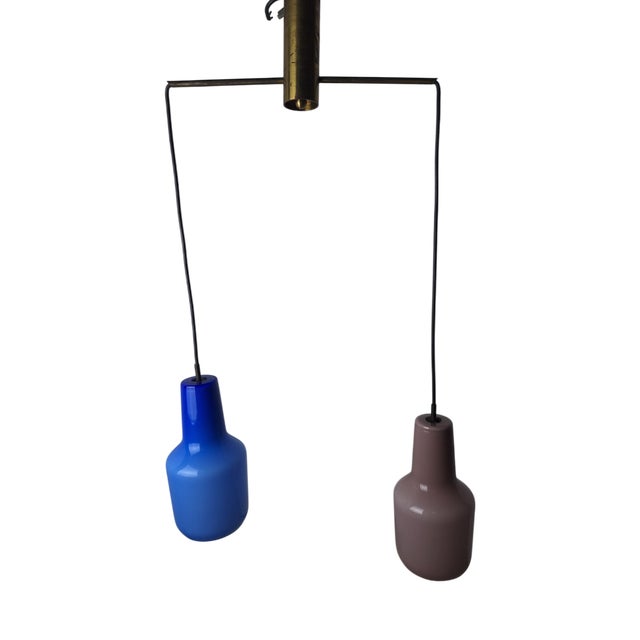 Brass Chandelier with Blue and Pink Glass by Fulvio Bianconi for Venini, 1950s For Sale