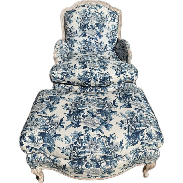 Custom Blue and White Marquis Bergere Chair and Ottoman Set Upholstered in Ralph Lauren For Sale In New York - Image 6 of 18