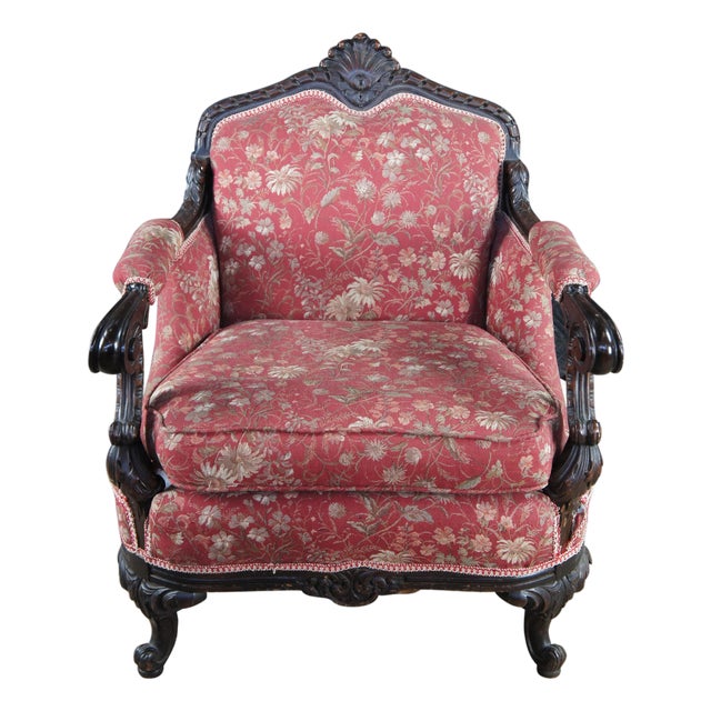 Antique Victorian Carved Mahogany Baroque Rococo Fauteuil Parlor Armchair For Sale