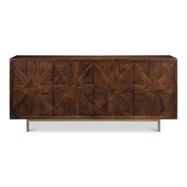 Small dark-wood facets form raised, radiating panels across all four doors, breaking the light as the viewing angle...