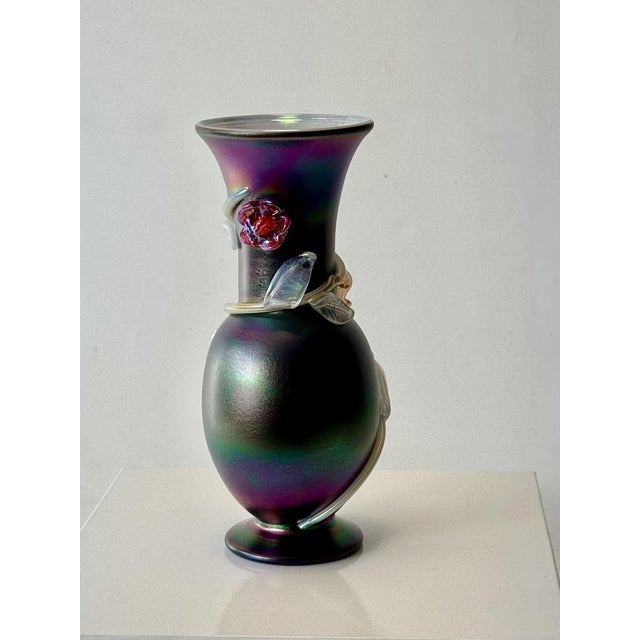 Contemporary Iridescent Black Glass Vase with Sculpture Glass Flowers by Loetz For Sale - Image 3 of 8