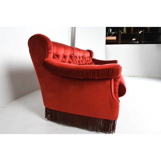 1960s 1960s Vintage Scandinavian Red Velour Three-Seat Sofa With Beech Feet For Sale - Image 5 of 10