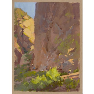 Echoes in The Canyon by Judd Mercer | Gouache Landscape of a canyon with hikers and greenery. For Sale