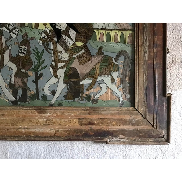 Large 19th-Century Persian Qajar Dynasty Reverse Glass Painting – Battle Encampment Scene For Sale - Image 9 of 12