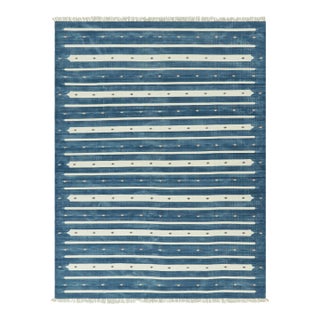 Rug & Kilim's Contemporary Dhurrie Rug in Blue with White Stripes - 12x18 For Sale