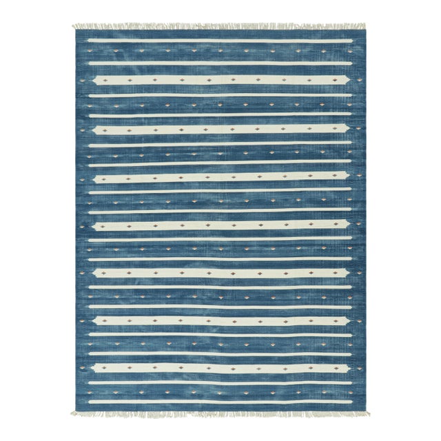 Rug & Kilim's Contemporary Dhurrie Rug in Blue with White Stripes - 12x18 For Sale