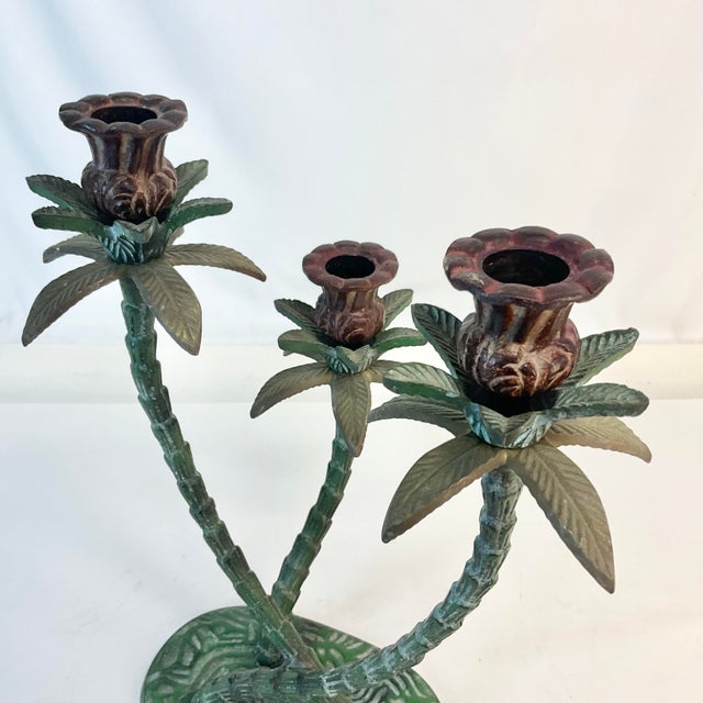 1970s Vintage Coastal Boho Chic Tole Palm Tree 3-Arm Candelabra. For Sale - Image 10 of 11