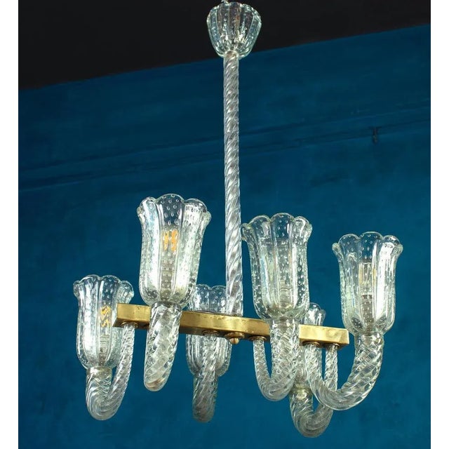 Very fine and rare six arm Art Deco chandelier with light green sommerso Murano glass by Barovier & Toso. Six E27 light...