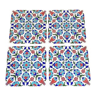 Turkish Iznik Red & Blue Floral Pattern Ceramic Tile For Sale