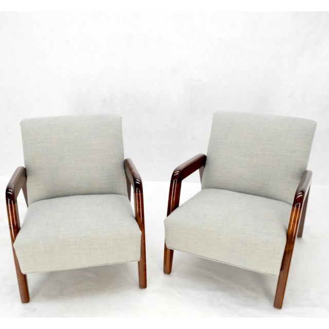 Mid 20th Century Pair New Linen Upholstery Heavy Solid Maple Frames American Lounge Chairs Mint! For Sale - Image 5 of 14
